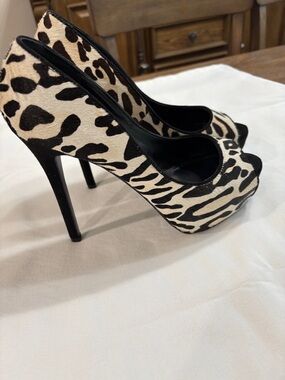 Aldo Black and White Leopard Print Peep-Toe Platform Heels
